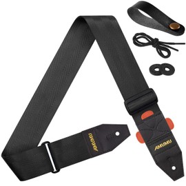 Amumu DURALINK Nylon Seatbelt Guitar Strap with Top Grain Leather Ends for Acoustic, Electric, Bass Guitar, with Quick-Fetch Pick Holder -Black