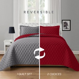 Elegant Comfort 3-Piece Quilted Reversible Bedspread Coverlet Set with Pillow Shams, Exquisite Diamond Stitching All Season Heavy Weight - Ultra Soft Premium Quilt- Twin XL, Burgundy/Gray