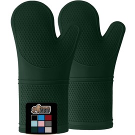 Gorilla Grip Heat and Slip Resistant Silicone Oven Mitts Set, 14.5 in, Soft Cotton Lining, Waterproof, BPA-Free, Extra Long Thick Gloves for Cooking, BBQ, Kitchen Potholders, Hunter Green