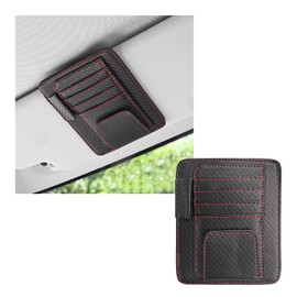 Dickno Small Leather Car Sun Visor Organizer, Multifunctional Auto Visor Document Holder with Sunglasses Clip, Universal Car Interior Organizer for Driving License, Card, Pen (Black&Red)