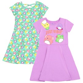 Squishmallows Toddler Girls 2 Pack Skater Dresses Green/Lavender 4T