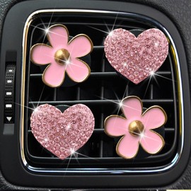 4 Pcs Pink Heart & Flower Pandent Air Vent Clips,Bling Heart and Flower Air Fresheners Vents Clips Diamond Car Interior Decor Bling Cute Car Accessories Decoration for Women+ Sunflower Mask Hook