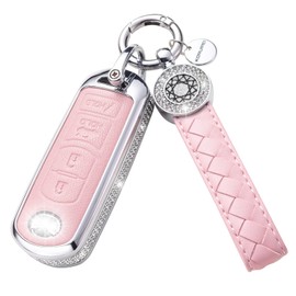 RUABIBAN Key Fob Cover Compatible with Mazda, Pink Leather Crystal 360 Degree Protection Key Shell Case for Mazda 3 6 8 Miata MX-5 CX-3 CX-5 CX-7 CX-9