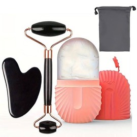 Rodillo de hielo y gua sha facial, kit de masaje para rostro, herramientas de masaje manual reutilizables, exquisita caja de regalo，adecuado para el cuidado de la piel facial (pink)