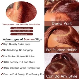 Reddish Brown Lace Front Wigs Human Hair Pre Plucked 200% Density Body Wave Auburn Colored Human Hair Wig 13x4 HD Lace Front Wigs Human Hair For Women Lace Frontal Wig 24 inch