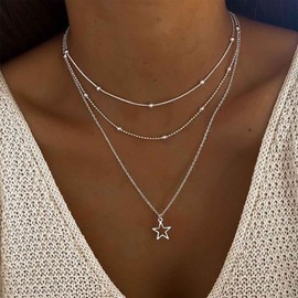 Yienate Boho Layered Star Necklace Choker Chain Silver Star Pendant Necklace Beads Satellite Chain Choker Vintage Hollow Star Necklace Multilayer Statement Necklaces Jewelry for Women Girls