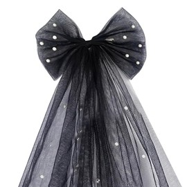 AWOCAN Bridal Hair Bow Pearl Veil Hair Hair Clip Bachelorette Party Veil Elegant Tulle Layer Hair Clip for Women (black)