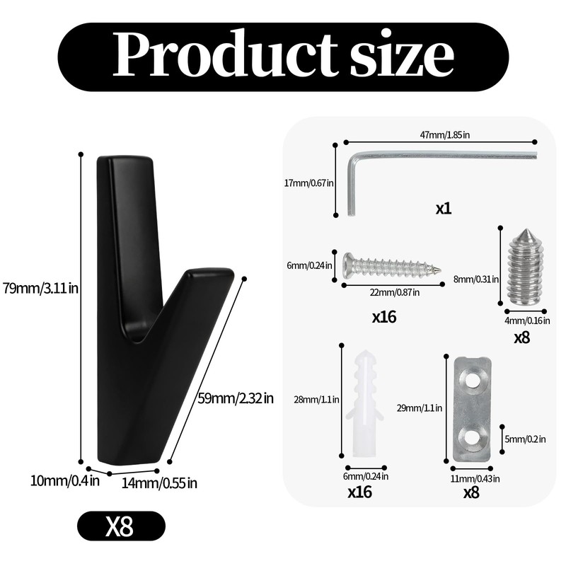 DAIRYCOF Coat Hooks, Black Clothes Hooks for Acoustic Panels, Zinc
