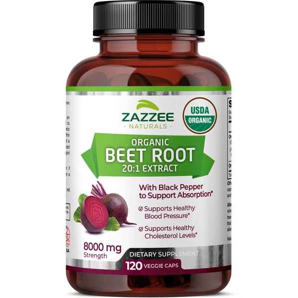 Zazzee USDA Organic Extra Strength Beet Root 20:1 Extract, 8000 mg Strength, 120 Veggie Caps, Enhanced Absorption with Organic Black Pepper Extract, Vegan, All-Natural and Non-GMO