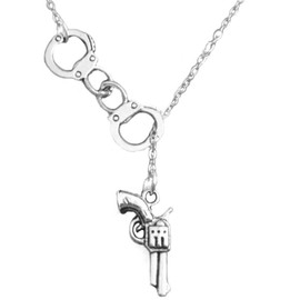P-Rize HIP HOP Necklace, Handcuffs & Gun (Gun & Pistol) Motif, Silver Color, Unisex, Rock, Punk V Type, Mine-type, Hip Hop, Metal