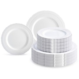 " OCCASIONS " 240 Plates Pack,(120 Guests) Extra Heavyweight Vintage Wedding Disposable/Reusable Plastic Plates 120x11'' Dinner + 120x8.25'' Salad/Dessert Plate (Chateau White)