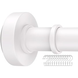 White Shower Curtain Rod with 12 Hooks, 18-72 Inches,Rust-Resistant Metal Double Glide Shower Hooks for Bathroom Shower Rods Curtains