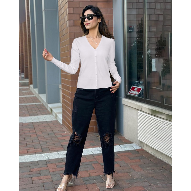 Arach&Cloz Women's V Neck Lightweight Cardigan Long Sleeve Solid Top