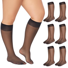 MANZI 6 Pairs Plus Size Sheer Knee Highs Stocking for Women Super Wide Nylon Trouser Queen Socks Black XL-XXL