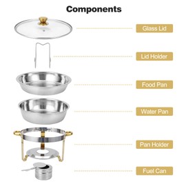 GarveeHome Chafing Dish Buffet Set 4 Pack 5 QT, Stainless Steel Round Chafing Dishes for Buffet with Lid Holder & Glass Lid, Buffet Servers and Warmers for Parties, Wedding, Camping, Dinner, Gold