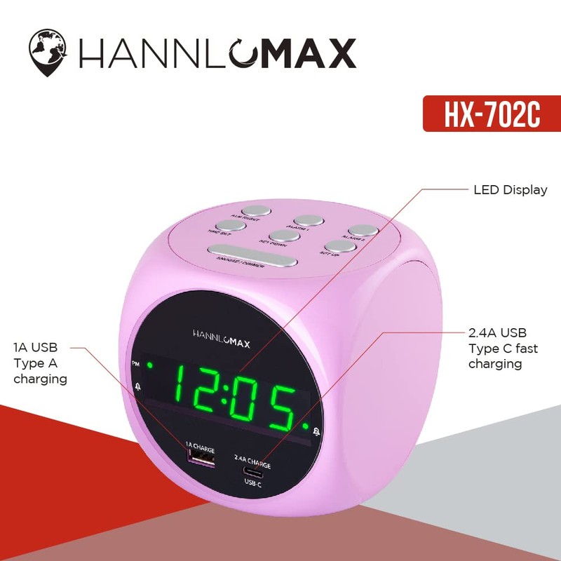 HANNLOMAX HX-702C Digital Clock with Dual Alarm, 0.7" Green LED