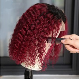 AiPliantfis Curly Wave Human Hair Wig Bob Red 4x4 Real Hair Wig Women's 1B99J Ombre Glueless Human Hair with Natural Hairline Free Part Bleached Knot Brazilian Remy Hair 12 Inches