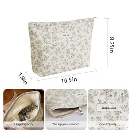 Wudygirl Cute Makeup Bag for Women - Travel Cosmetic Bag with Zipper Makeup Pouch Floral Make up Organizer Handbag Aesthetic (Khaki Floral)