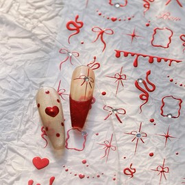 Bow and Snake Nail Art Stickers with Rhinestones Designs Red Heart Bows Snake Nail Decals 3D Self-Adhesive French Manicure Acrylic DIY Decoration Charm Supplies for Women and Girls