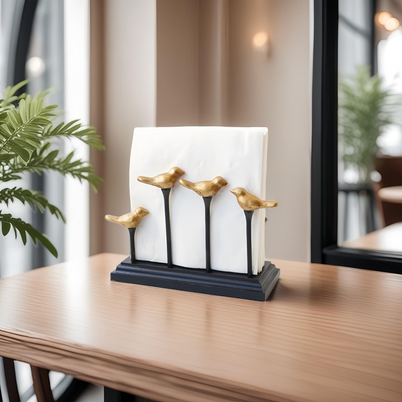 Wooden Base Golden Birds on Branch Vertical Decorative Napkin Holder