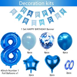 8th Birthday Decorations for Boys Blue Age 8 Birthday Balloons with Happy Birthday Banner for Blue Party Decoration Eighth Birthday Party Supplies for Boy (8th-birthday)