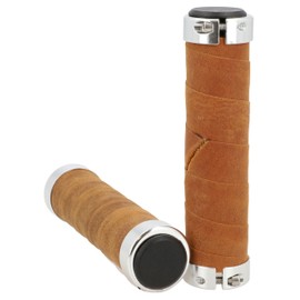 Gusti Maximilian S. Genuine Leather Handlebar Grip Bicycle Handle Brown Leather Metal Ring Silver Smooth