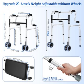 Folding Walkers with Wheels and Seat 390LB,Auto Brake Double Front 5" Wheel Walker,Lightweight Standard Walkers for Seniors,Aluminum Rolling Walker for Adults,Height Adjustable Walking Mobility Aid