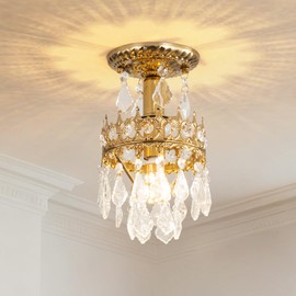 EverRoam Semi Flush Mount Crystal Light Fixture Small Chandelier Golden Vintage Crown Light Close to Ceiling Light Suitable for Bedroom Wardrobe Room Corridor Hallway Entrance Aisle E12