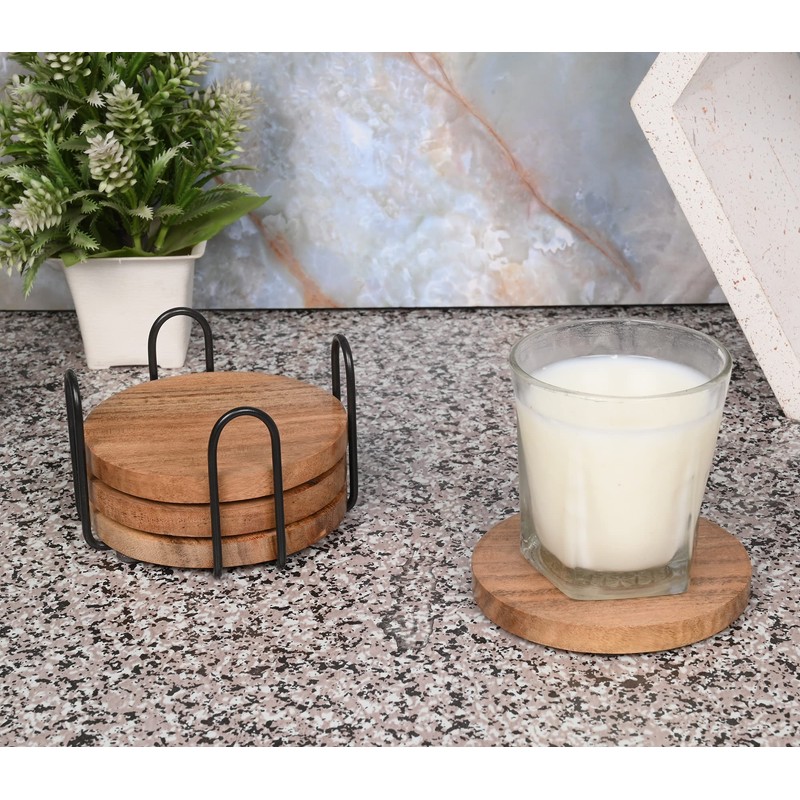 EDHAS Acacia Wood Coasters for Drinks with Iron Holder Stand