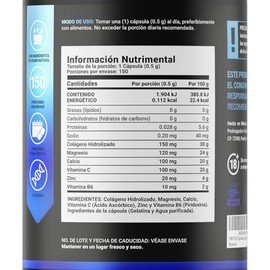 Mezcla de Zinc, Magnesio, Vitamina C, Colgeno Hidrolizado, Vitamina B6 y Calcio. 150 Cpsulas. Ingredientes naturales. ZMA Blend B Life.               