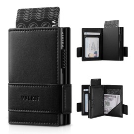 VULKIT Card Holder Bifold Pop Up Leather Wallet for Men RFID Blocking Metal Card Case, Hold 9 Cards and Banknotes, with ID Card Slot Window and Zipper Coin Pocket (Black)