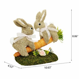 naturevibe 8.9 Inches Sisal Easter Bunny Decor on Carrot Seesaw, Natural Straw Easter Decorations Bunny Figurine on Moss Meadow as Spring Decor