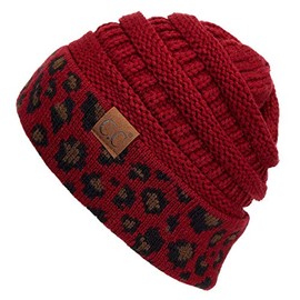 C.C Exclusives Solid Ribbed Color Beanie hat with Leopard Pattern Cuff (HAT-80) (Burgundy)