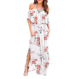 LILBETTER Women Floral Print Off Shoulder Maxi Dresses (F White,X-Large)