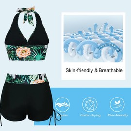 Bikini Sets for Women UK, Soft Bikini Top & High-Waisted Bikini Boyshorts Tummy Control Swimsuits Swimming Costume Padded Floral Swimwear Soft Bathing Suits for Beach