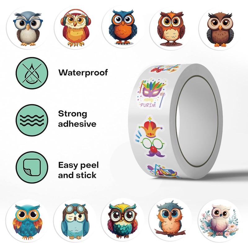 1000 Pieces Owl Sticker Roll for Kids, 10 Styles Cute