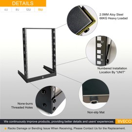 RIVECO 15U Desktop Rack for Audio & Network Devices 19 Inch 2 Post Open Frame Shelf with Reinforced Beam, Free Standing Tabletop Racks for IT Server Sound AV Music Recording Equipment