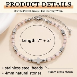 BOMAIL Dainty Cross Bead Bracelet for Women - Tiny Gemstone Beaded Bracelets Cross Chain Bracelet Christian Bracelet for Women Confirmation Baptism Christian Faith Religious Jewelry