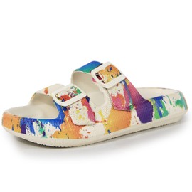 BenSorts Women Cushion Slides Sandal 2 Buckle Adjustable Outdoor Pillow Slippers Slides Shower Shoes Slipper Colorful Beige Men Size 7 8 Women Size 8 9