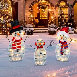 TW SHINE Lighted Christmas Snowman Outdoor Decoration, 3-Piece Pre-Lit 2D Snowman Family Set with 55 Warm White Lights, Christmas Yard Decorations for Patio Lawn Garden Decor, 20.5X9X29.5Inch-Large