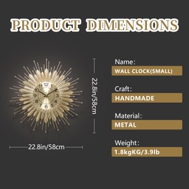 HEBOIX 23 Inch Gold Clock Sunburst Wall Decor，Mid Century Wall Clock Decorative Battery Operated Sunburst Large Wall Clocks,Gold 23"*23"
