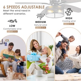 Farmhouse Ceiling Fan with Light and Remote,48" Black Industrial Caged Flush Mount Ceiling Fans for Bedroom,Living room Rustic Fandelier for Patio 6 Speed Reversible,5 Dual Blades Indoor/Outdoor