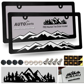 ZXFOOG Mountain License Plate Frames- Plastic Black Car Tag Holder Bracket with Screws Caps, 2 Packs 2 Hole, White on Black, Mountain Vinyl Sticker Included