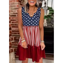 American Flag Star Vertical Striped Ruffled Mini Dress Womens Casual Loose Flowy Swing Dress Summer Boho Tank Dress (Large,Red)