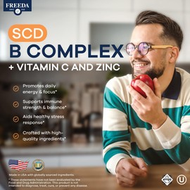 FREEDA Vitamin B Complex with Vitamin C & Zinc – Stress B Complex, Methylfolate & Active B12 + B1 B2 B3 B6 Biotin Choline – BComplex Vitamins for Women & Men – SCD Legal, Kosher, Vegan (60 Capsules)