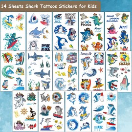 CHARLENT Summer Shark Tattoos for Kids - 14 Sheets Temporary Shark Pool Party Tattoos for Boys Birthday Party and Gift Bag Fillers