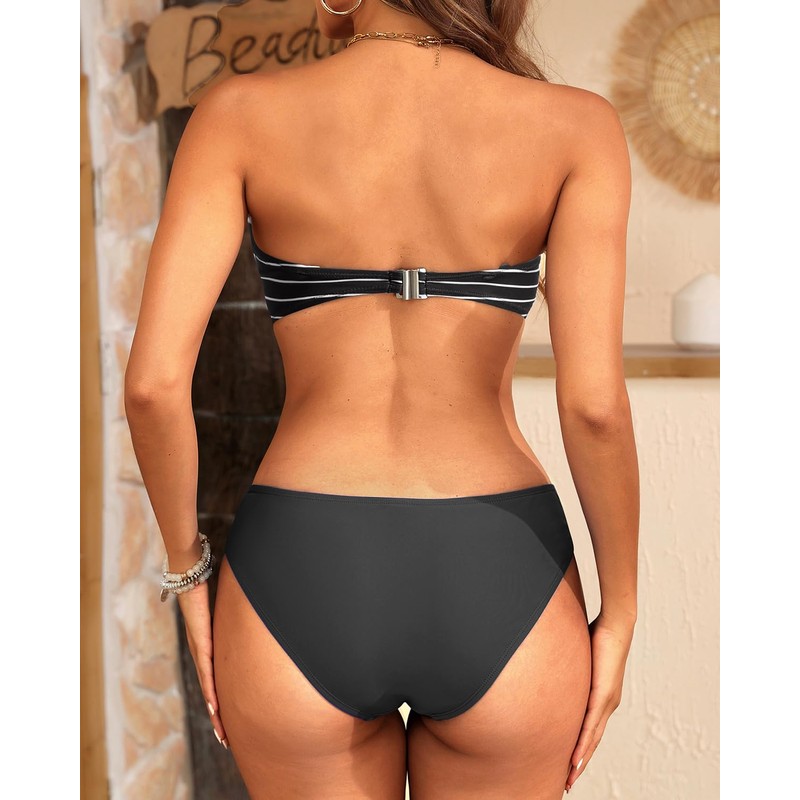 Women's Black Striped Strapless Bandeau Bikini Set - Twist Front