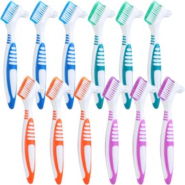 Mimorou 12 Pcs Denture Brush for False Teeth Double Sided Denture Toothbrushe with Soft Bristle, Ergonomic Anti Slip Handle Teeth Cleaner Brush for Adult(Blue, Green, Purple, Orange,Non Slip Grip)