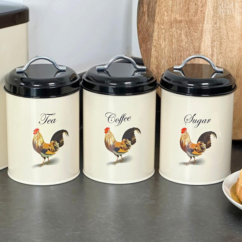 Cockerel Tea Coffee Sugar Canisters Set Of 3 Black Lids