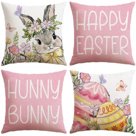 Artscope Happy Easter Rabbit Eggs Throw Pillow Covers 18x18 Inch Set of 4, Hunny Bunny Decoration Pillow Cases for Home Sofa Couch